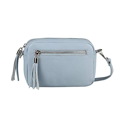 OBC Made in Italy Damen Leder Tasche Umhängetasche Schultertasche Beuteltasche Cross-Over Cross Bag Glattleder Schmucktasche Fransen Ledertasche (Hellblau) von ITALYSHOP24COM