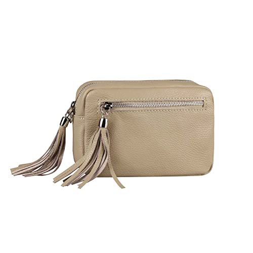 ITALYSHOP24COM OBC Made in Italy Damen Leder Tasche Umhängetasche Schultertasche Beuteltasche Cross-Over Cross Bag Glattleder Schmucktasche Fransen Ledertasche (Helltaupe), ca.: 20x14x6 cm (BxHxT) von ITALYSHOP24COM