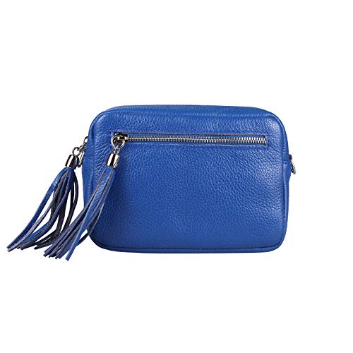 OBC Made in Italy Damen Leder Tasche Umhängetasche Schultertasche Beuteltasche Cross-Over Cross Bag Glattleder Schmucktasche Fransen Ledertasche (Königsblau) von ITALYSHOP24COM