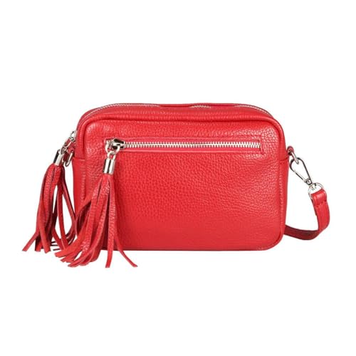 OBC Made in Italy Damen Leder Tasche Umhängetasche Schultertasche Beuteltasche Cross-Over Cross Bag Glattleder Schmucktasche Fransen Ledertasche (Rot) von ITALYSHOP24COM