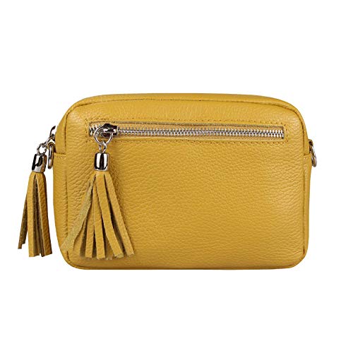 OBC Made in Italy Damen Leder Tasche Umhängetasche Schultertasche Beuteltasche Cross-Over Cross Bag Glattleder Schmucktasche Fransen Ledertasche (Senfgelb) von ITALYSHOP24COM