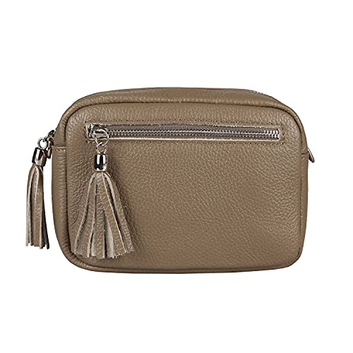 OBC Made in Italy Damen Leder Tasche Umhängetasche Schultertasche Beuteltasche Cross-Over Cross Bag Glattleder Schmucktasche Fransen Ledertasche (Taupe) von ITALYSHOP24COM