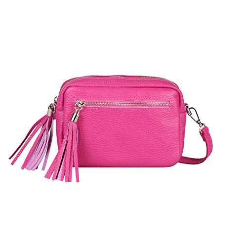 OBC Made in Italy Damen Leder Tasche Umhängetasche Schultertasche Beuteltasche Cross-Over Cross Bag Glattleder Schmucktasche Fransen Ledertasche Pink von ITALYSHOP24COM