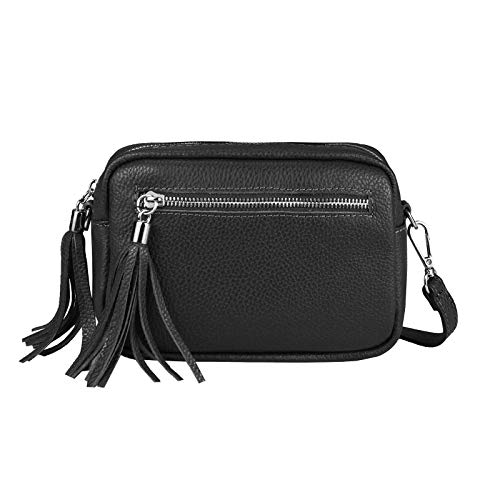 OBC Made in Italy Damen Leder Tasche Umhängetasche Schultertasche Beuteltasche Cross-Over Cross Bag Glattleder Schmucktasche Fransen Ledertasche Schwarz von ITALYSHOP24COM