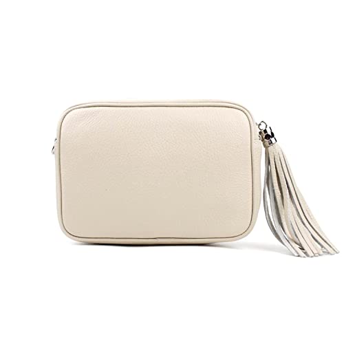 OBC Made in Italy Damen Leder Tasche Umhängetasche Schultertasche Cross-Over Crossbody Bag Glattleder Schmucktasche Fransen Ledertasche Beige von ITALYSHOP24COM