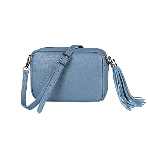 OBC Made in Italy Damen Leder Tasche Umhängetasche Schultertasche Cross-Over Crossbody Bag Glattleder Schmucktasche Fransen Ledertasche Jeansblau von ITALYSHOP24COM