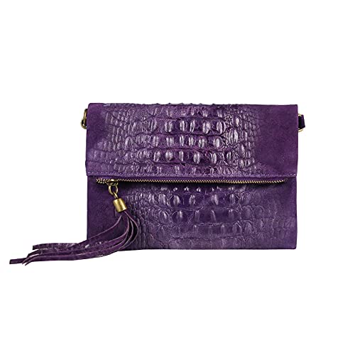 OBC Made in Italy Damen echt Leder Clutch Tasche Kroko Wildleder Handtasche Umhängetasche Ledertasche Schultertasche Fransen Cross-Over (Lila) von ITALYSHOP24COM