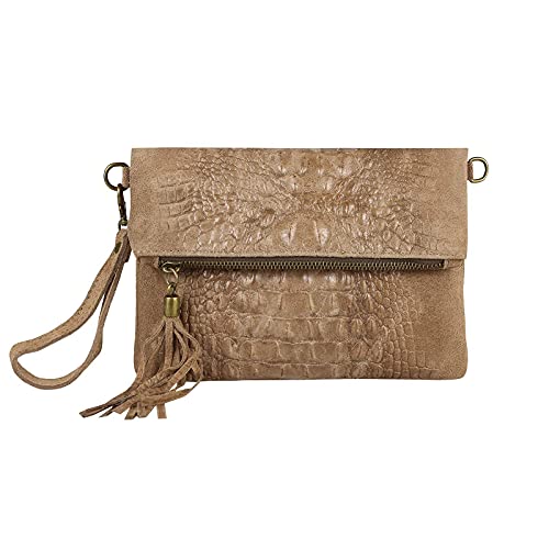 OBC Made in Italy Damen echt Leder Clutch Tasche Kroko Wildleder Handtasche Umhängetasche Ledertasche Schultertasche Fransen Cross-Over (Taupe) von ITALYSHOP24COM