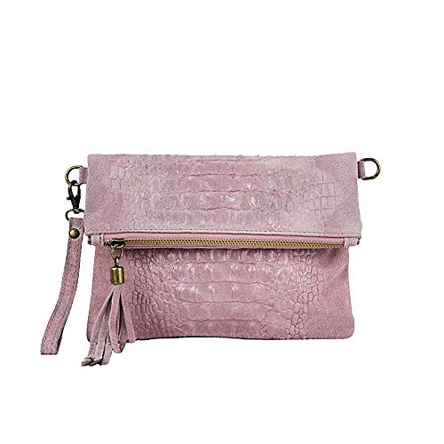 OBC Made in Italy Damen echt Leder Clutch Tasche Kroko Wildleder Handtasche Umhängetasche Ledertasche Schultertasche Fransen Cross-Over Altrosa von ITALYSHOP24COM