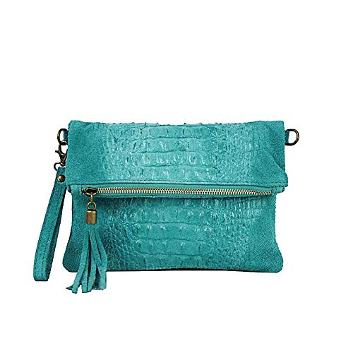 OBC Made in Italy Damen echt Leder Clutch Tasche Kroko Wildleder Handtasche Umhängetasche Ledertasche Schultertasche Fransen Cross-Over Aquamarin von ITALYSHOP24COM