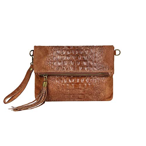 OBC Made in Italy Damen echt Leder Clutch Tasche Kroko Wildleder Handtasche Umhängetasche Ledertasche Schultertasche Fransen Cross-Over Braun von ITALYSHOP24COM