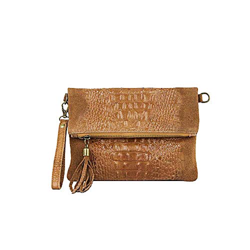 OBC Made in Italy Damen echt Leder Clutch Tasche Kroko Wildleder Handtasche Umhängetasche Ledertasche Schultertasche Fransen Cross-Over Cognac von ITALYSHOP24COM