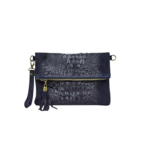 OBC Made in Italy Damen echt Leder Clutch Tasche Kroko Wildleder Handtasche Umhängetasche Ledertasche Schultertasche Fransen Cross-Over Dunkelblau/Navy von ITALYSHOP24COM