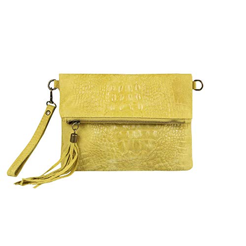 OBC Made in Italy Damen echt Leder Clutch Tasche Kroko Wildleder Handtasche Umhängetasche Ledertasche Schultertasche Fransen Cross-Over Gelb von ITALYSHOP24COM