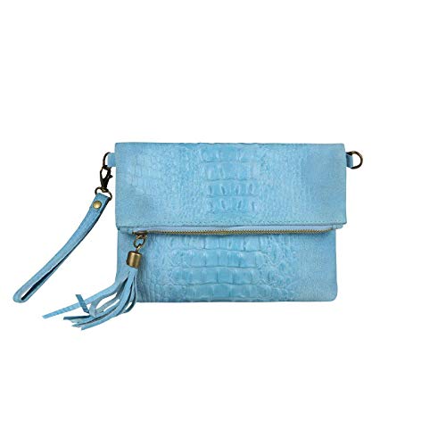 OBC Made in Italy Damen echt Leder Clutch Tasche Kroko Wildleder Handtasche Umhängetasche Ledertasche Schultertasche Fransen Cross-Over Hellblau von ITALYSHOP24COM