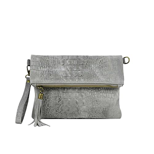 OBC Made in Italy Damen echt Leder Clutch Tasche Kroko Wildleder Handtasche Umhängetasche Ledertasche Schultertasche Fransen Cross-Over Hellgrau von ITALYSHOP24COM