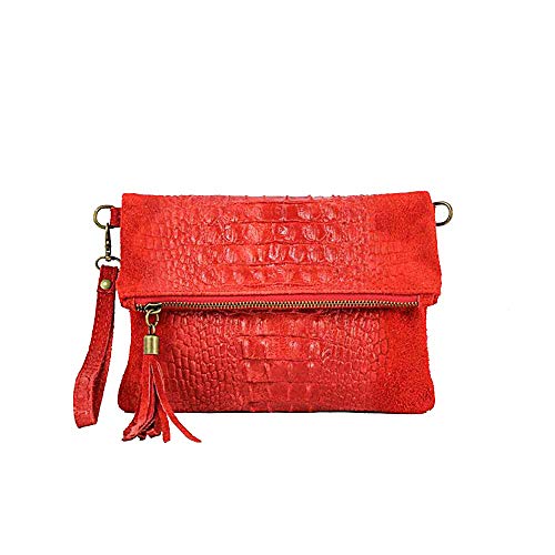 OBC Made in Italy Damen echt Leder Clutch Tasche Kroko Wildleder Handtasche Umhängetasche Ledertasche Schultertasche Fransen Cross-Over Rot von ITALYSHOP24COM