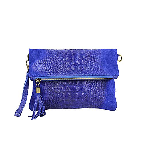 OBC Made in Italy Damen echt Leder Clutch Tasche Kroko Wildleder Handtasche Umhängetasche Ledertasche Schultertasche Fransen Cross-Over Royalblau von ITALYSHOP24COM