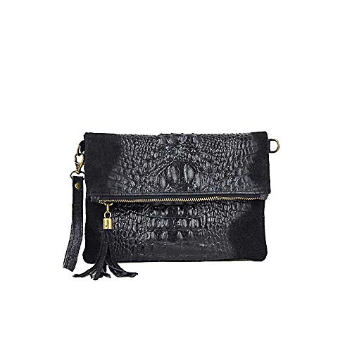 OBC Made in Italy Damen echt Leder Clutch Tasche Kroko Wildleder Handtasche Umhängetasche Ledertasche Schultertasche Fransen Cross-Over Schwarz von ITALYSHOP24COM