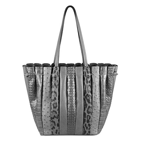 OBC XXL Damen Tasche Shopper Handtasche Arbeit Bag Umhängetasche Schultertasche Leder Optik Kroko Strauß Leoparden Print Grau von ITALYSHOP24COM