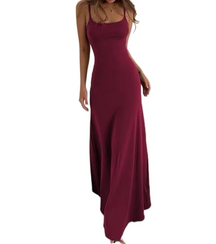 ITAMCO Damen Sommer-Strand-Party-Maxikleid mit Schultergurt (Color : Wine red, Size : M) von ITAMCO