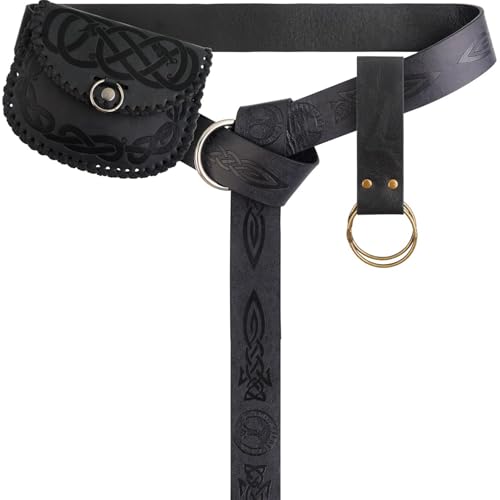 Mittelalterlicher Wikingergürtel für Herren mit nordischer Prägung O-Ring-Gürteltasche, Damen-Gürteltasche, Handyhalter, Kostüm, LARP-Zubehör, Schwarz, Standard von ITAZEM