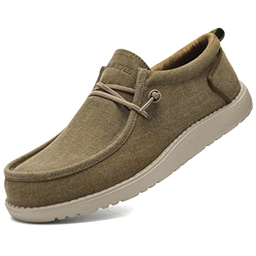 Herren Slipper Canvas Breite Loafer Schuhe Casual Leicht Bequem Stretch mit Fußgewölbeunterstützung Innensohle, khaki, 47 EU von ITAZERO