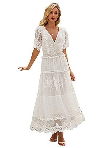 Damen Maxi A-Linien-Kleid aus Spitze Frau Abendkleid Sommerkleid V-Ausschnitt Maxikleid Kurzarm Strandkleid Lang Spitzenkleid mit Spitzenborte Formales Abendkleid （Weiß，XL） von ITBCLOVE
