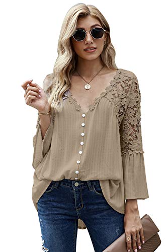 ITBCLOVE Bluse Damen, elegant Chiffon Bluse Damen Oberteile Spitze mit V-Ausschnitt Aushöhlen Lose Tops Damen Spitze Casual Stickerei Hemd Damen 3/4 Ärmel Tops Spitze （Beige，XL） von ITBCLOVE