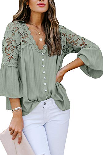 ITBCLOVE Bluse Damen, elegant Chiffon Bluse Damen Oberteile Spitze mit V-Ausschnitt Aushöhlen Lose Tops Damen Spitze Casual Stickerei Hemd Damen 3/4 Ärmel Tops Spitze （Grün，XXL） von ITBCLOVE