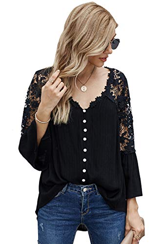 ITBCLOVE Bluse Damen, elegant Chiffon Bluse Damen Oberteile Spitze mit V-Ausschnitt Aushöhlen Lose Tops Damen Spitze Casual Stickerei Hemd Damen 3/4 Ärmel Tops Spitze （Schwarz，XXL） von ITBCLOVE