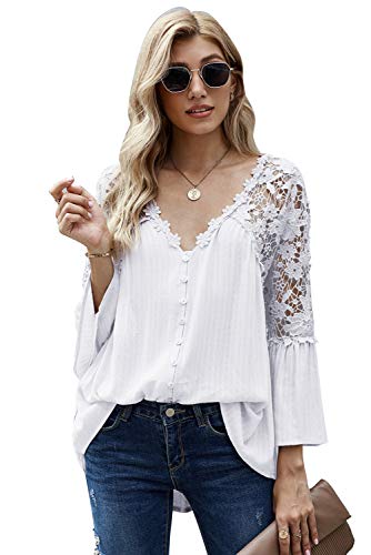 ITBCLOVE Bluse Damen, elegant Chiffon Bluse Damen Oberteile Spitze mit V-Ausschnitt Aushöhlen Lose Tops Damen Spitze Casual Stickerei Hemd Damen 3/4 Ärmel Tops Spitze （Weiß，XL） von ITBCLOVE