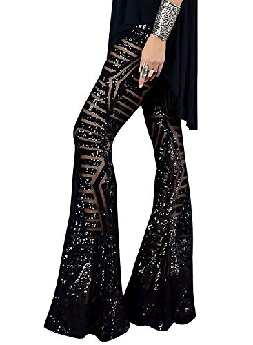 ITBCLOVE Damen Schlaghose Pailletten Hose High Wasit Blumen Drucken Schlag Hosen Elegante Freizeithose Festlich Abendmode Polyester Partywear Karneval Cosplay Kostüm Verkleidung （Schwarz，M） von ITBCLOVE