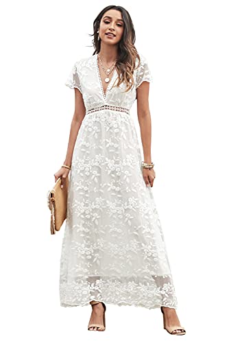 ITBCLOVE Sommerkleid Damen Spitze Brautkleid Boho Sommerkleid Deep V-Ausschnitt Maxikleid Kurzarm Strandkleid Lang Spitzenkleid mit Spitzenborte Formales Abendkleid（Weiß，XL） von ITBCLOVE