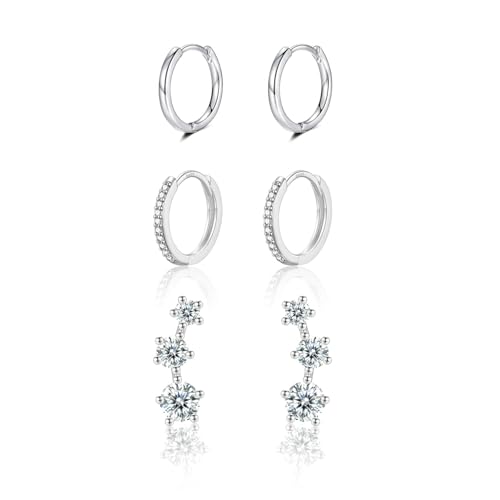 Ohrringe Silber 925 Set für Damen 3 Paar Silber Kleine Creolen Ohrringe mit Zirkonia Stapelbar Hypoallergen Ohrstecker Silber 925 Set Mehrere Piercings für Frauen Mädchen Geschenk von ITESSY