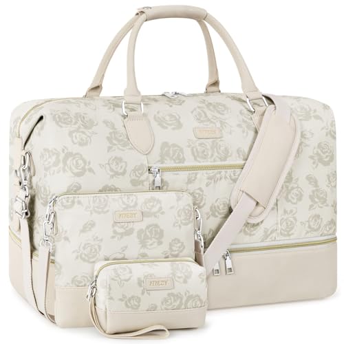 Weekender Bag für Damen, Reisetasche, Handgepäck, Übernachtungstasche, mit Schuhfach, groß, Nylon, Reise-Wochenend-Tragetasche, 4-beige Blume, Large, Weekender Bag für Damen, Reisetasche, Handgepäck, von ITIEZY