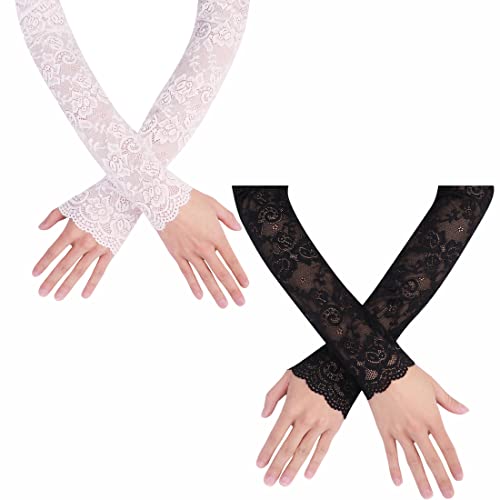 2 Paar Armstulpen Damen Kühlung Armlinge Spitze Arm Ärmel UV Sonnenschutz Spitzenhandschuhe Lang Hochzeitshandschuhe Eisseide Brauthandschuhe Elastisch Netzhandschuhe Hochzeit Golf Radfahren 30cm von ITODA