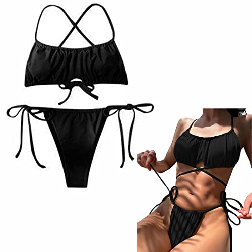 Damen Bikini Set Cross Back Badeanzug Wickeloptik Bademode Zweiteilig Strandbikini Kordelzug Knot Strandmode Spaghettiträger Swimsuit Sommer Mädchen Monokini Sexy Push Up Tankini für Frauen Schwarz von ITODA