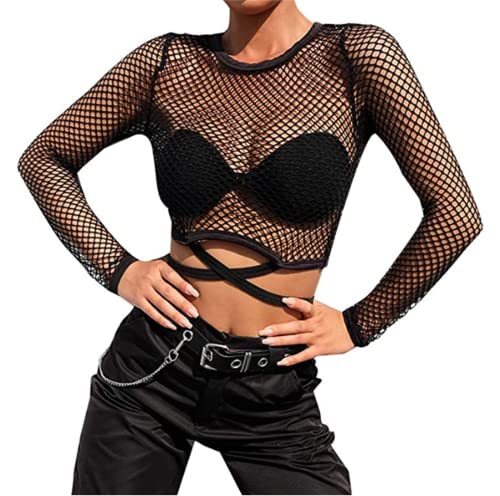 Damen Crop Top Y2k Netz Sommertop Aesthetic Netzshirt Bauchfrei Netzoberteil Sexy Transparent Netzshirt Mesh Rundhals Tank Tops Lingerie Partytop Skinny Clubwear Langarm Fischnetz Top zum Binden von ITODA