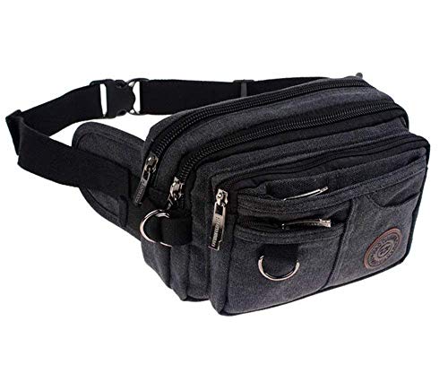 Gürteltasche mit 7 Fächern Freizeit Bumbag Canvas Tasche für Männer Damen Bauchtasche Unisex Hüfttasche in Verschiedenen Farben Outdoor Radfahren Reise Brusttasche Sport Umhängetasche Schwarz von ITODA