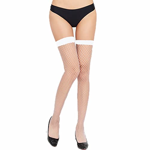 ITODA 3 Paar Halterlose Strümpfe Damen Fischnetz Kniestrümpfe Oberschenkel Hohe Netzstrümpfe Sexy Sommer Spitzensocken Transparent Netz Socken Overknees Lang Netzsocken für Frauen Einheitsgröße Weiß von ITODA