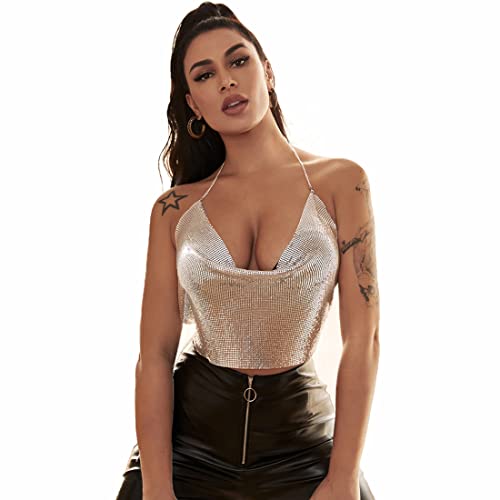 ITODA Damen Halter Top Tief V Neckholder Crop Top Rückenfrei Spaghettitop Sommer Durchsichtig Tank Top Y2K Metall Pailletten Trägertop Bauchfrei Spaghettiträger Tanktops für Nachtclub Party Silber von ITODA