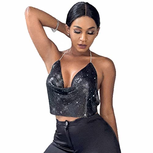 ITODA Damen Halter Top Tief V Neckholder Crop Top Rückenfrei Spaghettitop Sommer Durchsichtig Tank Top Y2K Metall Pailletten Trägertop Bauchfrei Spaghettiträger Tanktops für Nachtclub Party Schwarz von ITODA