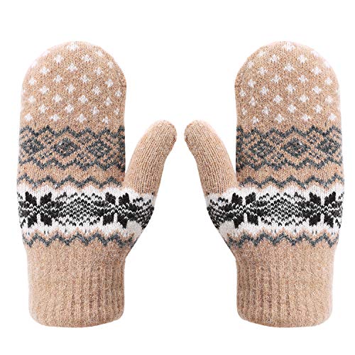 ITODA Fäustlinge Winter Damen Fausthandschuhe Strick Winterhandschuhe Schneeflocke Strickhandschuhe Verdickt Warm Wollhandschuhe Doppelschicht Handwärmer Winddicht Damenhandschuhe Outdoor Fahrrad von ITODA