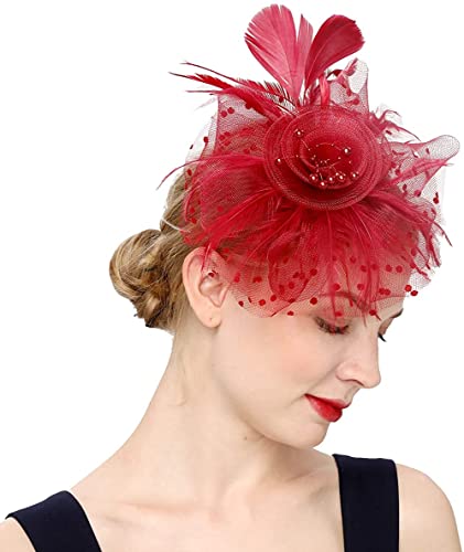 ITODA Fascinator Damen Feder Haarschmuck Hut Mesh Schleier Haarschmuck mit Haarklammer Stirnband Vintage Haarreif Elegant Damenhut Blumen Partyhut Kirche Brautparty Hochzeit Cocktail Beerdigung von ITODA