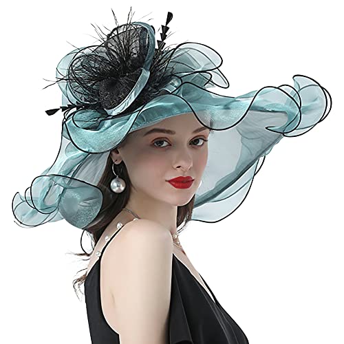 ITODA Fascinator Damen Organza Hut Blumen Feder Sonnenhut Kirche Hochzeit Frauenorganza Elegant Sommerhut Sonnenschutz Strandhut Breit Krempe Organzahut Mesh Damenhut Cocktail Party Pfauenblau von ITODA