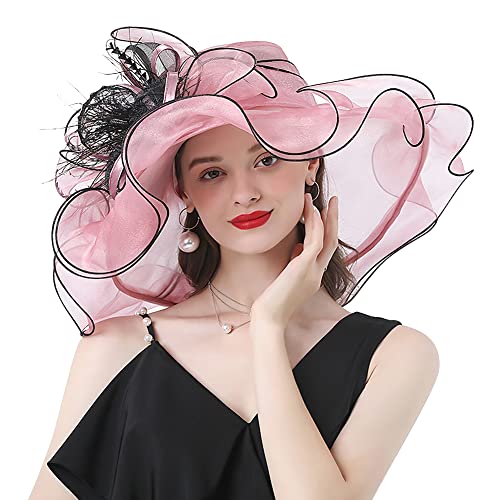 ITODA Fascinator Damen Organza Hut Blumen Feder Sonnenhut Kirche Hochzeit Frauenorganza Elegant Sommerhut Sonnenschutz Strandhut Breit Krempe Organzahut Mesh Damenhut Cocktail Party Rosa von ITODA