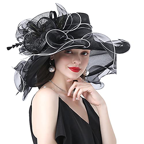 ITODA Fascinator Damen Organza Hut Blumen Feder Sonnenhut Kirche Hochzeit Frauenorganza Elegant Sommerhut Sonnenschutz Strandhut Breit Krempe Organzahut Mesh Damenhut Cocktail Party Schwarz von ITODA