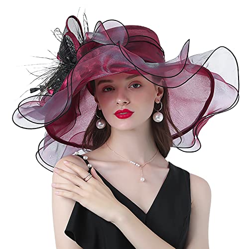 ITODA Fascinator Damen Organza Hut Blumen Feder Sonnenhut Kirche Hochzeit Frauenorganza Elegant Sommerhut Sonnenschutz Strandhut Breit Krempe Organzahut Mesh Damenhut Cocktail Party Weinrot von ITODA