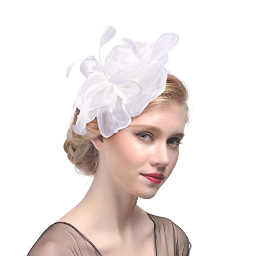 ITODA Fascinator Hut Damen Haarschmuck Organza Pillbox Hut mit Feder Hochzeitshut 1920s Vintage Royal Damenhut mit Clip Stirnband Blumen Haarspange Braut Hochzeit Partyhut Kirche Teeparty von ITODA